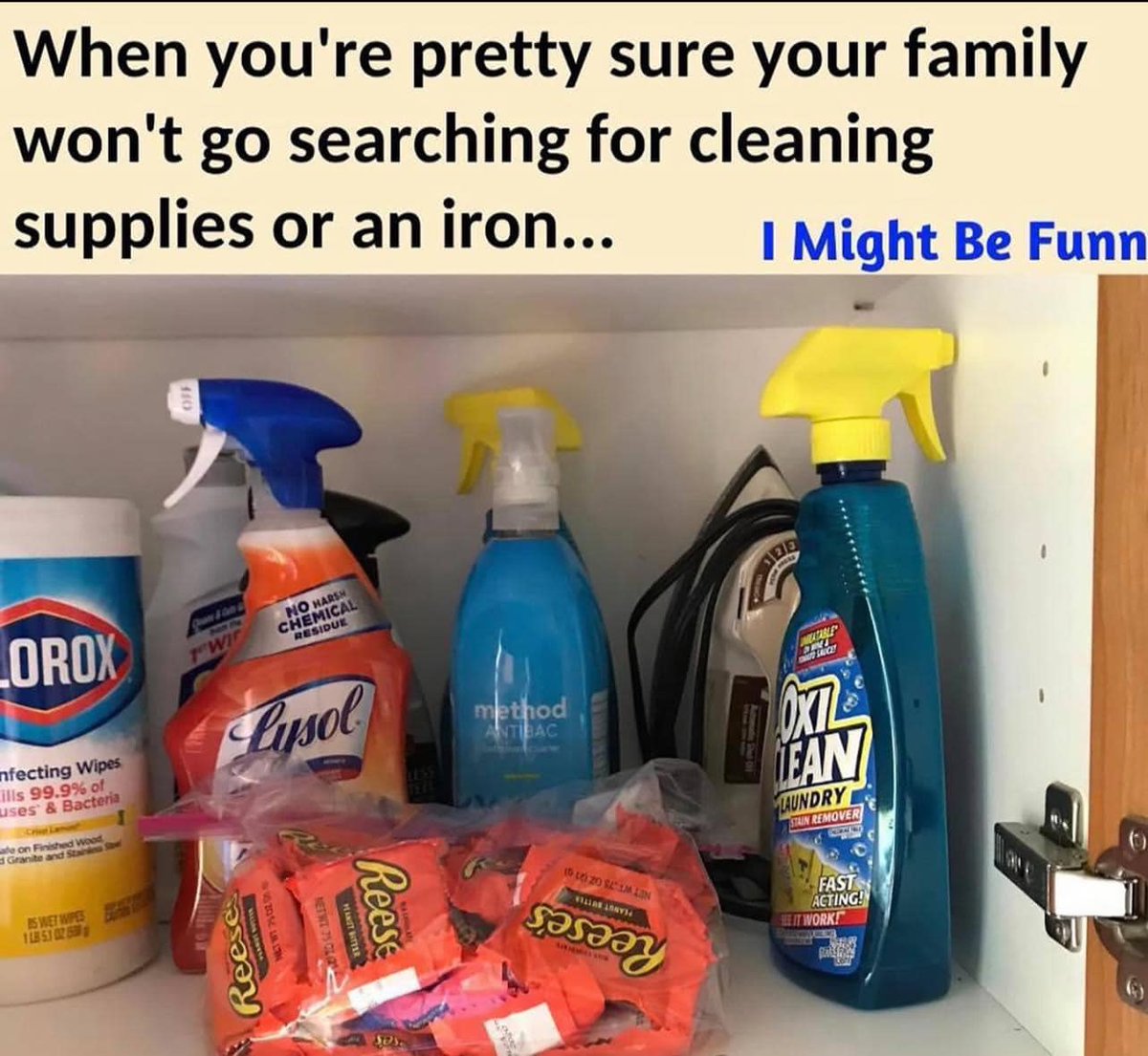 Our daughter Chevy has quite a love of these. 
#daughter #prettysure #yourfamily #cleaningsupplies #ironing #ReesesPeanutButterCups