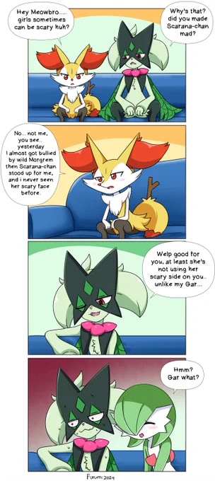 My ♂️ Braixen tell about his girlfriend scary side.
#テールナー #ポケモン #ポケモン絵描きさんと繋がりたい #マスカーニャ #サーナイト 