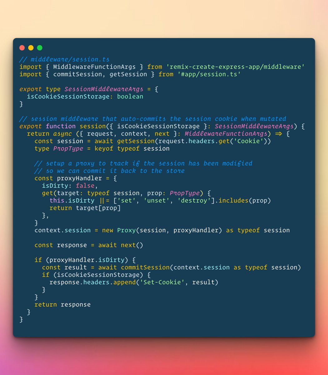 🚀✨ Woohoo 🎉🥳 Proud to announce Remix Middleware (Unofficial). This is based on the Middleware RFC so should be compatible. 🏃‍♂️ Middleware run in sequence 🏊‍♂️ Loaders run in parallel 🪜 Response moves back up the middleware chain Example session middleware with auto-commit.