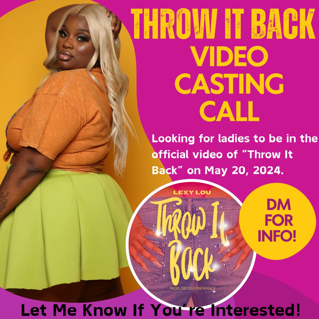LexyLouMusic's tweet photo. ❗️❗️ATTENTION ❗️❗️

Looking for ladies to be in the official video of “Throw It Back” on May 20, 2024. Let me know if you are interested!

#music #artist #lexylou #throwitback #musicvideo https://t.co/Z9trMgkHEs