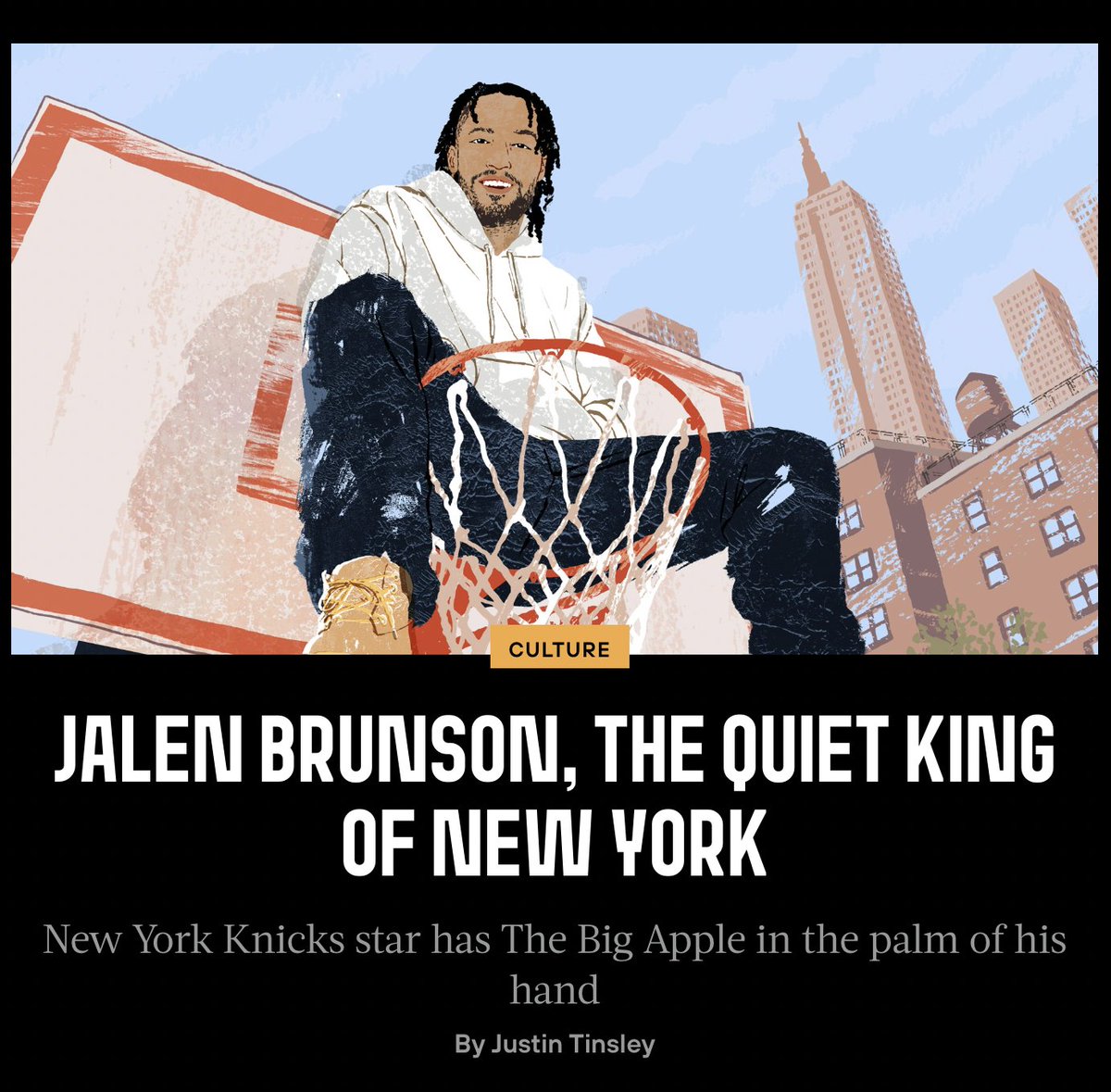 'Everyone in New York feels good about the team and the city. It’s amazing how a sport can do that.' - Sandra Brunson on her son Jalen's impact on the Knicks and the city of New York. Read more on @andscape: andscape.com/features/jalen…