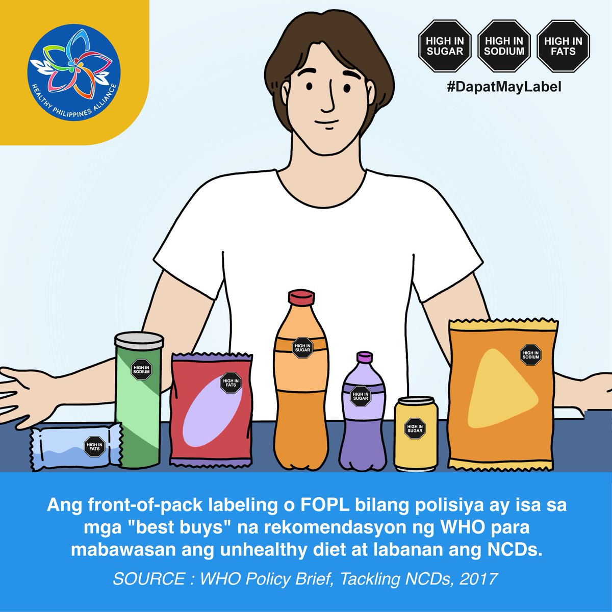 Isinusulong ng World Health Organization ang pagpapatupad ng front-of-pack labeling (FOPL) policies bilang isa sa mabisang paraan kontra noncommunicable diseases or NCDs. #BeatNCDs #DapatMayLabel