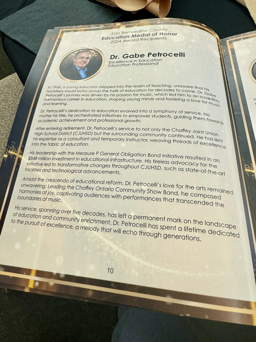 So happy to see our very own Dr. Gabe Petrocelli, former CAS principal and current Chaffey Ontario Community Show Band director, receive the San Bernardino County Excellence in Education Medal of Honor 🥇 
We are PROUD of you!