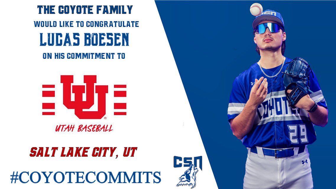 The Coyote Family is thrilled to congratulate Lucas Boesen on his commitment to continue his academic and athletic career with the University of Utah in Salt Lake City, UT. 
🐺⚾️➡️🔴⚪️⚾️ #D1Bound #GoUtes #CoyoteCommits