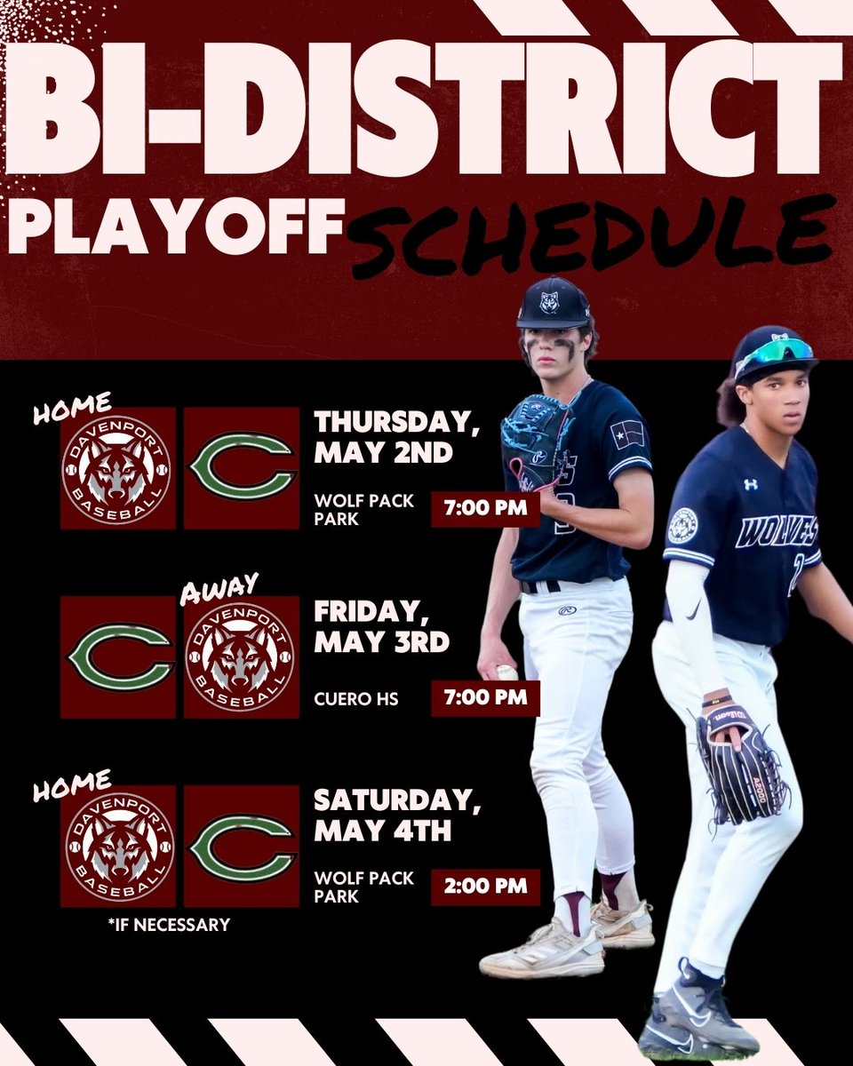 Davenport Baseball (@bsbldavenport) on Twitter photo ATTENTION: Bi District Playoff Details. Let's Go Wolf Pack! It's GO TIME! <a href="/BuildThePack/">BuildThePack</a> <a href="/DavenportWolves/">DHS Wolves Athletics</a> <a href="/BMar1842/">Brian Martinez</a> <a href="/jdzimmerhanzel/">JD Zimmerhanzel</a> <a href="/cisdnews/">Comal ISD</a> <a href="/K_Gottardy12/">Kyle Gottardy</a> <a href="/ReddingWeston/">Coach Redding</a> <a href="/GoingAllday/">Forrestt Allday</a> ATTENTION: Bi District Playoff Details. Let's Go Wolf Pack! It's GO TIME! <a href="/BuildThePack/">BuildThePack</a> <a href="/DavenportWolves/">DHS Wolves Athletics</a> <a href="/BMar1842/">Brian Martinez</a> <a href="/jdzimmerhanzel/">JD Zimmerhanzel</a> <a href="/cisdnews/">Comal ISD</a> <a href="/K_Gottardy12/">Kyle Gottardy</a> <a href="/ReddingWeston/">Coach Redding</a> <a href="/GoingAllday/">Forrestt Allday</a>