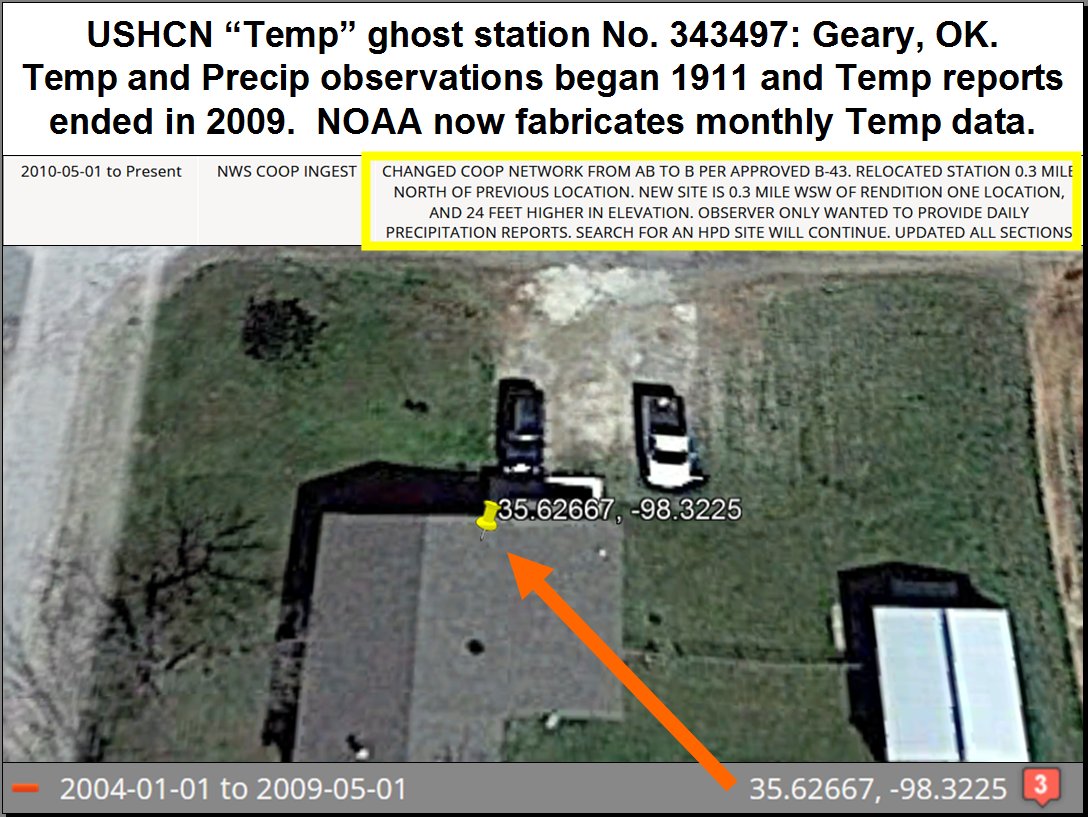 Geary, OK is another temperature ghost station, USHCN No. 343497. When temperature data were being observed, the station was improperly sited, and now NOAA fabricates its temperature data.