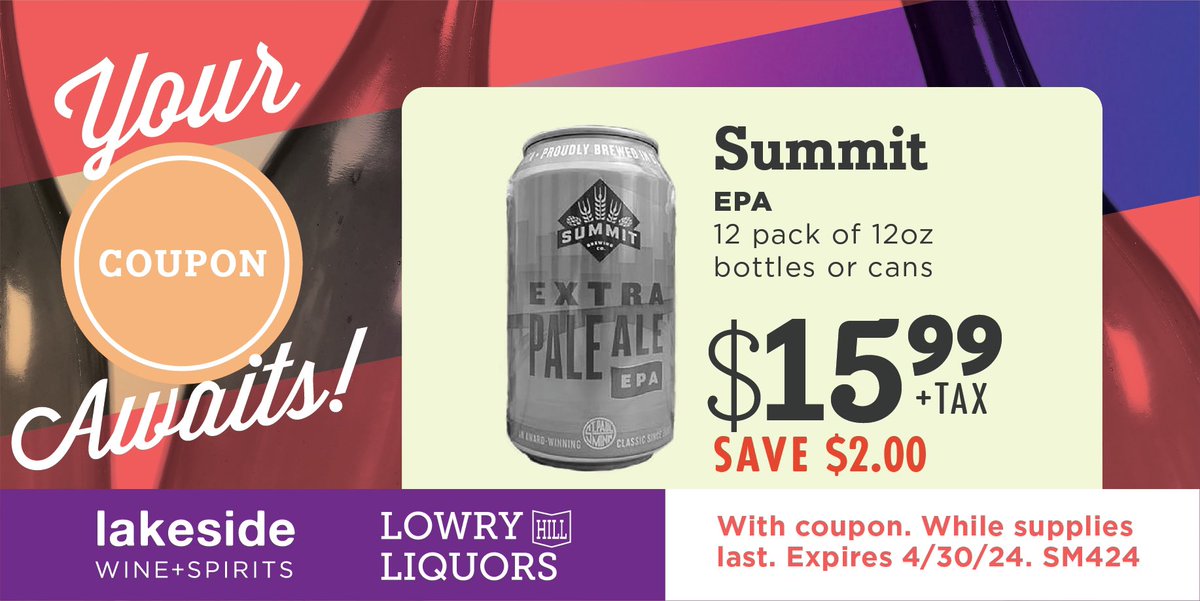 Save $2.00 on @summitbeer EPA 12 packs of 12oz bottles or cans throughout the month of April with this virtual coupon while supplies last! 

#summitbeer #madeinminnesota #mnbeer #EPA #goodbeer #april #cheers