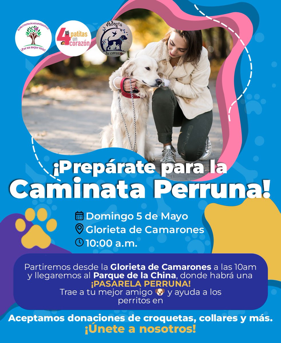 ¡Caminata Perruna! 🐾 
Únete a nosotros este domingo 5 de mayo. 
Salimos de la Glorieta de Camarones a las 10 a.m. y llegamos al Parque de la China para una pasarela perruna. Aceptamos donaciones de croquetas, collares, y más. ¡Ven con tu mejor amigo! #CaminataPerruna