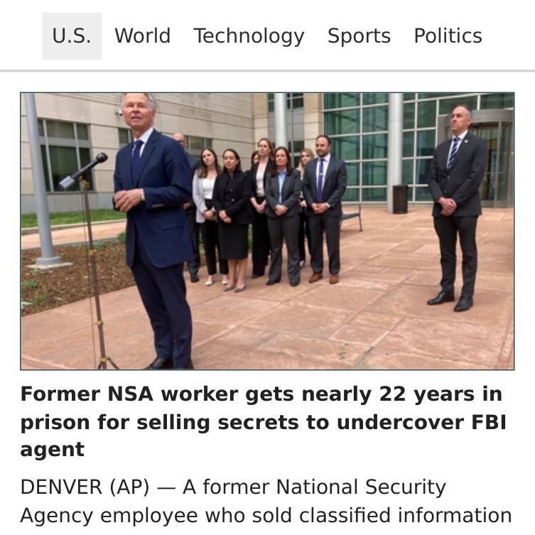Former NSA worker gets nearly 22 years in prison for selling secrets to undercover FBI agent. majordigest.com/us/2024/04/29/…

#majordigest #news #nationalnews #usnews #usanews #breakingnews #randomnews