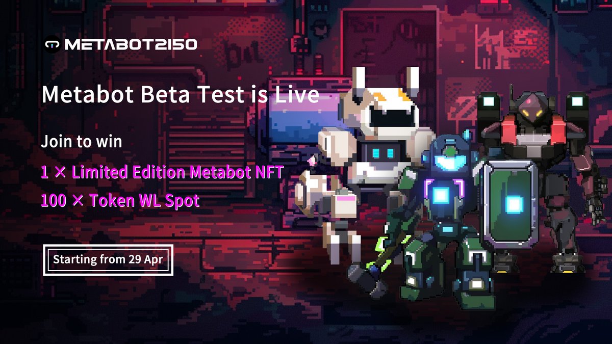 Hi all! #Metabot beta test is finally live! You can experience the latest game function now!

Eligible participants will gain:
🔸1 × limited edition Metabot #NFT
🔹raffle to win 100 × token #Airdrop #wl spot

Here is everything you need to know about it👇
meta2150s.medium.com/join-metabot-b…