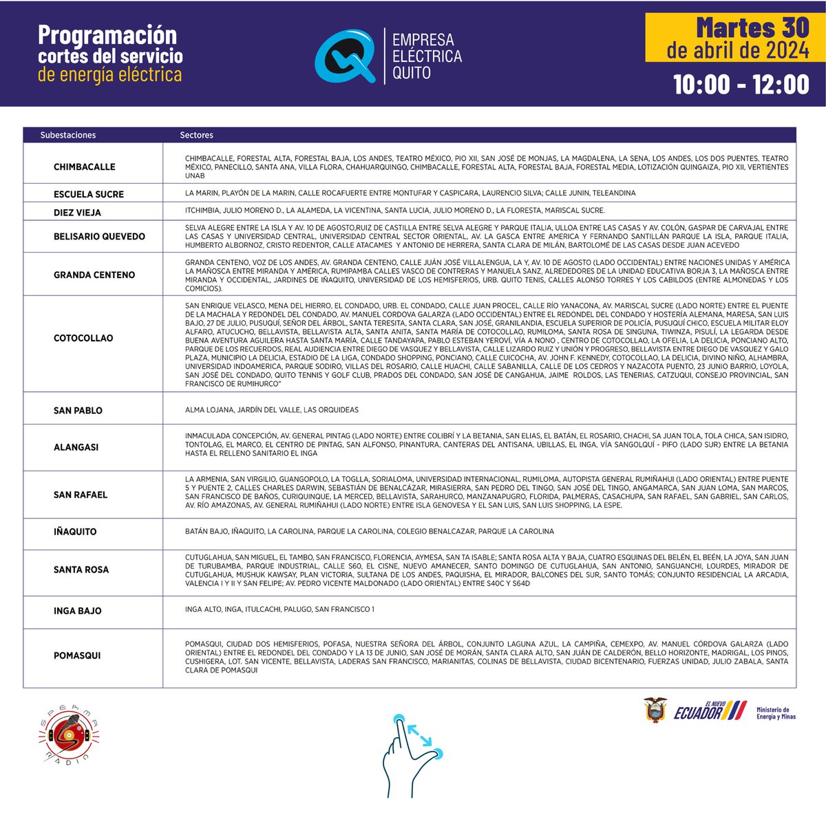 🚨Atención, estos son los  #horarios de #corte de luz en #Quito para este martes 30 de abril de 2024.

Visiten la página de la <a href="/ElectricaQuito/">Empresa Eléctrica Quito</a> 

#cortedeluzecuador #sinluz #spermaradio #Ecuador #fyp #viral #parati #luz #postviral #Descontrolec #atención #alerta
