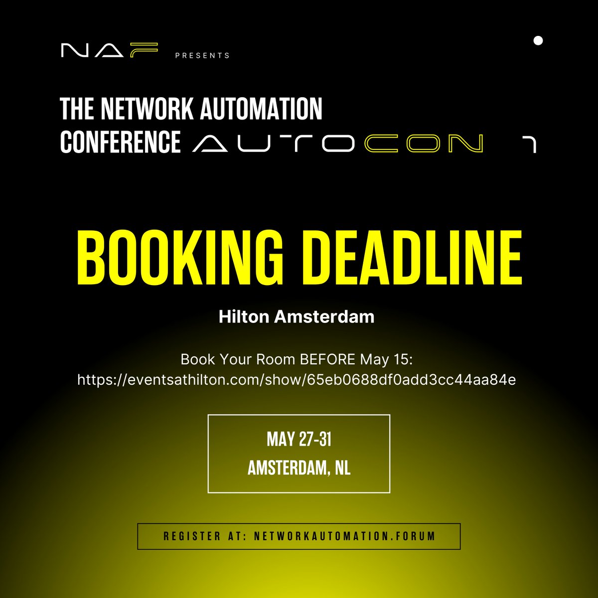 🚨Booking Deadline🚨 Have you booked your hotel stay for #AutoCon1 in #Amsterdam? If not, now is the time! The booking deadline is May 15th. 
💻 Register: networkautomation.forum/autocon1#regis…
🏨Hotel stay: networkautomation.forum/autocon1#venue
✈️ See you soon! 
linkedin.com/company/networ…

#networkautomation