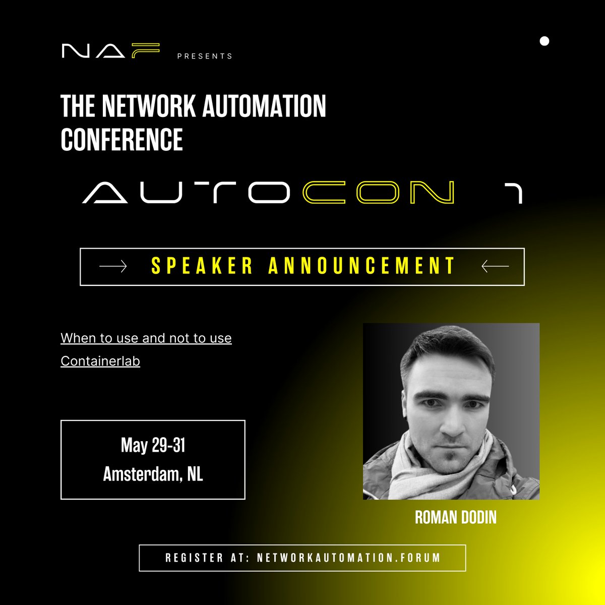 #AutoCon1 Speaker Announcement: Roman Dodin - 'When to use and not to use Containerlab'

The Network Automation Forum is excited to have Roman share his knowledge of #networkautomation at AutoCon 1 in Amsterdam from 29 to 31 May!

linkedin.com/feed/update/ur…