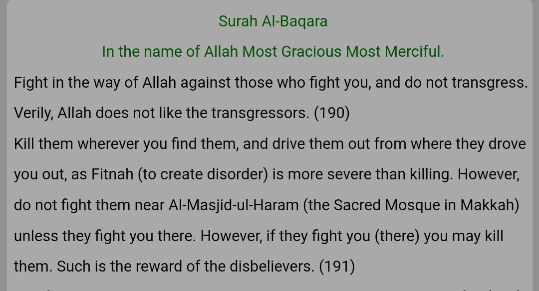 @Subrama98033820 @Naved_chouhann @revivlistharoon @Warlord_145 @TimeToMoVVeOn @loukas93749 Regarding 2:191, yes war verse. You just have to read the full verse, and even the verse before top charity. Maybe you lack comprehension 🤷

2:190 literally states fight those who fight you, and do not transgress. Then 2:191 states kill them...