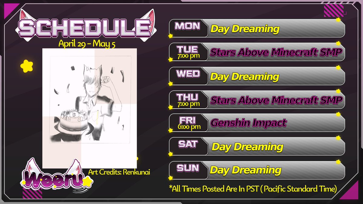 ☆ Stream Schedule For April 29 - May 5 ☆ This week sees more SMP action and the return of Genshin Impact! We will still try not to get tortured by @Ghostly_ribbon o.o and also try not to gamble all my in-game currency in Genshin ;-; Hope to see yall there!