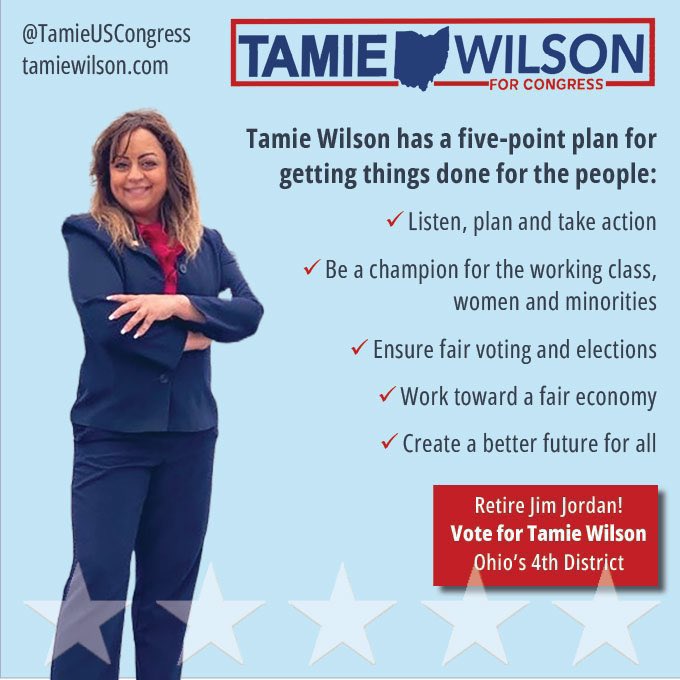 OH. Vote Tamie Wilson 
for Congress #OH04
Vets  
Seniors
LGBTQ+
Climate
Economy 
Education
Agriculture 
Healthcare
Environment
Women rights
Elections & Voter rights
🔹@tamieUSCongress
🔹tamiewilson.com

#DemVoice1