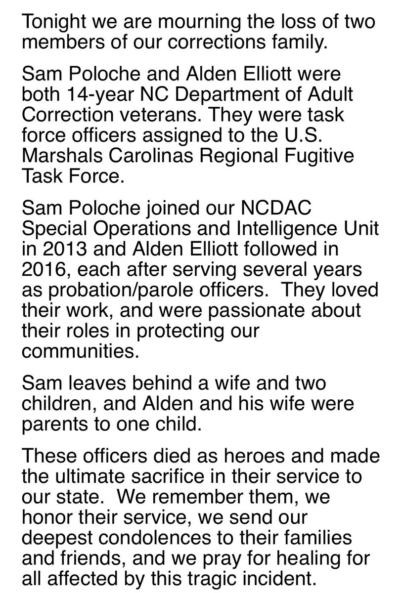 #BREAKING The NC Department of Adult Corrections identifies two of its law enforcement officers who were killed today as part of the U.S. Marshals Task Force @Queen_City_News