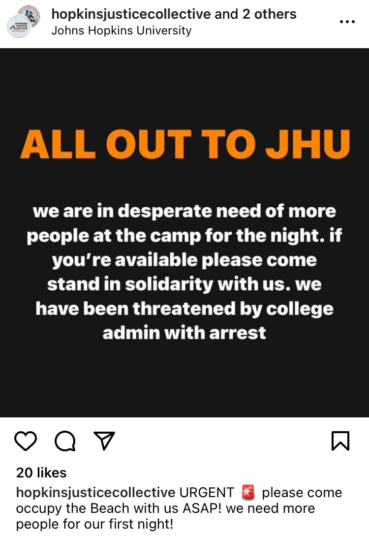 JHU encampment is in urgent need of more people to rally around them. Admins have threatened multiple times to have police make arrests. Go to the Beach at JHU Homewood if you can.