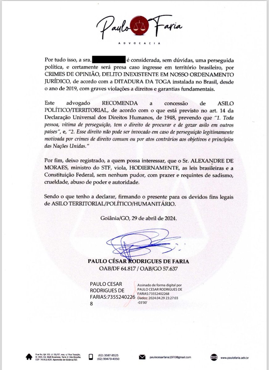 Eu nunca imaginei na minha vida que faria uma DECLARAÇÃO a uma pessoa inocente para viabilizar um ASILO TERRITORIAL/HUMANITÁRIO por perseguição política.

À PoooooooooooooooooooooTA QUE o PAReooo esse 'estado de direito' de merda em que mergulhou o país.

E quem achar ruim, VÁ…