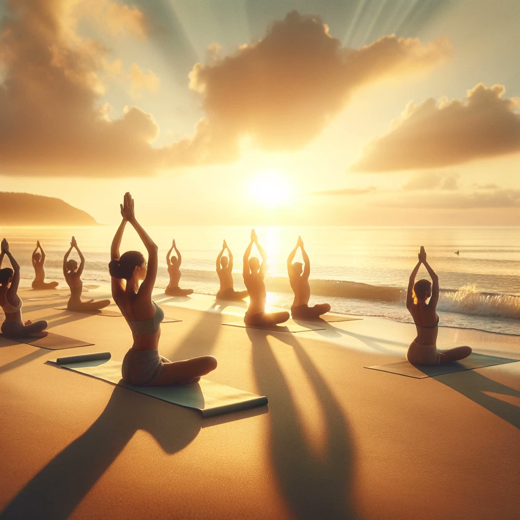 Sunrise serenity! 🧘‍♀️🌅 A tranquil yoga session on the beach at sunrise. Calm and focused individuals embrace peaceful poses with gentle waves and soft light. #BeachYoga #Mindfulness #SunriseYoga #WellnessJourney #TranquilMoments