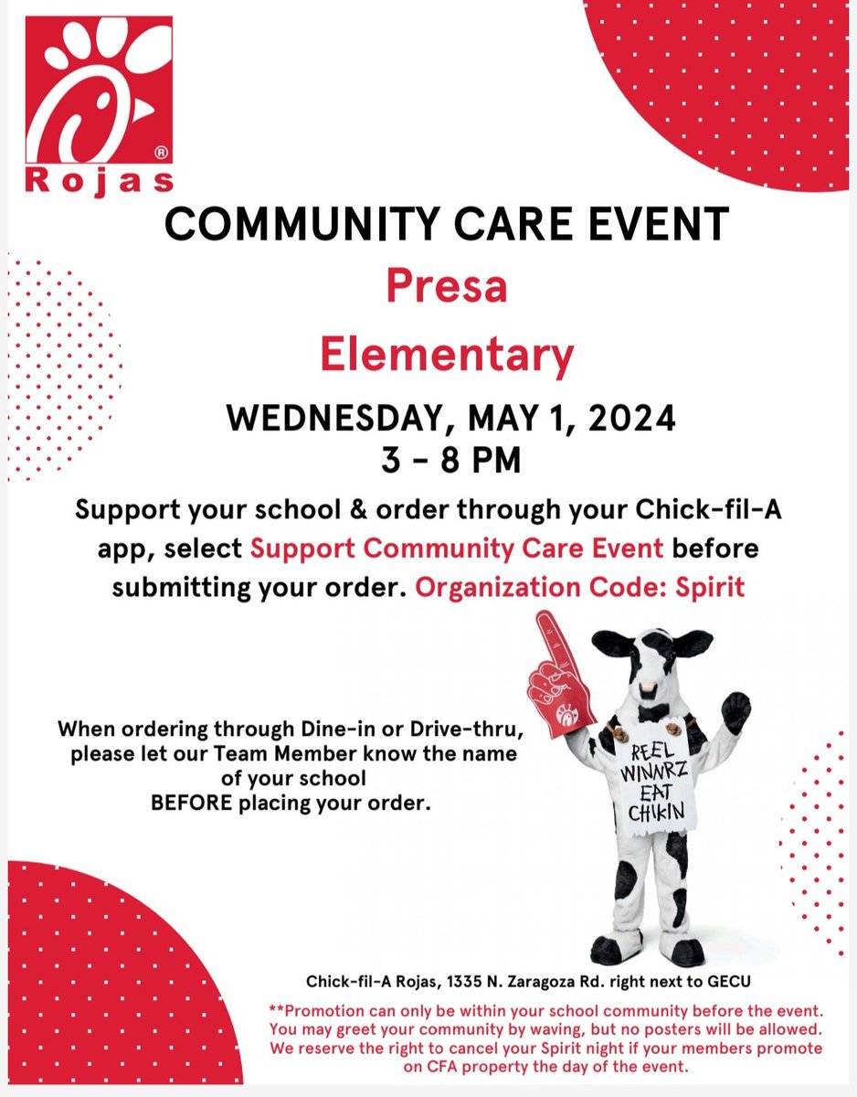 @Presa_Wildcats @presa_library @Banegas19Wendy @AlexCamack 
@YISD_enEspanol
Presa Parents 🐾, Leave the cooking to @ChickfilA on Wednesday, May 1st. Remember to mention our school when you place your order. 
#eatmorechicken #BowUp
#WeArePresa 
#WeDeliverExcellence
#THEDISTRICT