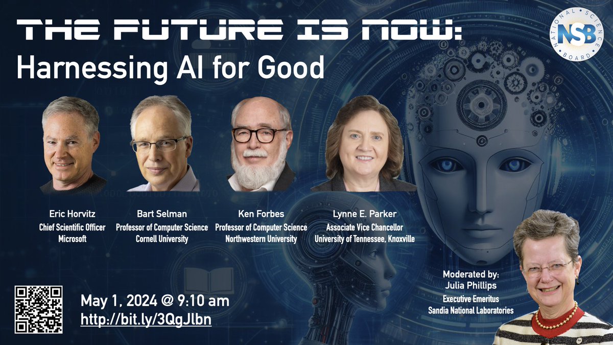 Today from 9:10-10:25 a.m. ET during the NSB meeting, we’ll talk w/leaders @microsoft, @CornellCIS, @northwesterncs, and @UTKnoxville on the promise and challenges of AI.
