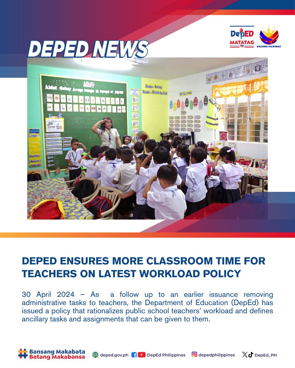 As a follow up to an earlier issuance removing administrative tasks to teachers, the Department of Education (DepEd) has issued a policy that rationalizes public school teachers’ workload and defines ancillary tasks and assignments that can be given to them. Read:…