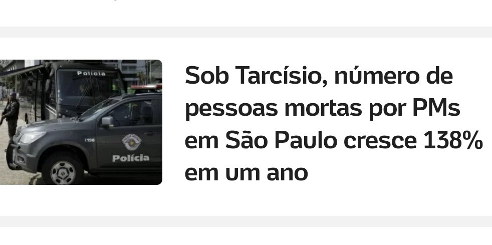 🔶 138% 🔶

Governador de SP, Tarcísio Turista, é o verdadeiro arauto da morte.
Sob sua tutela, número de pessoas mortas pela PM de SP aumentou 138% em um ano. 

São Paulo não merece o que está passando.