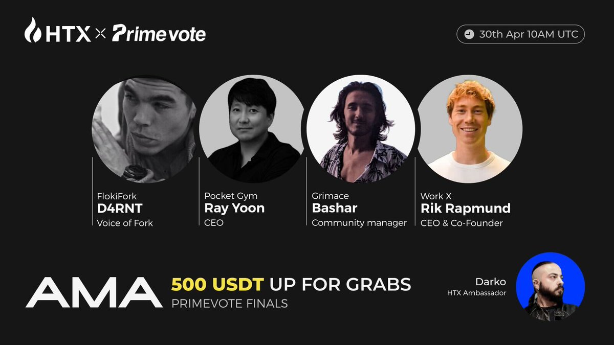 🔥#HTX PrimeVote Finals GO LIVE! Join @HTX_Live to reveal the winner with these amazing projects: 🔹@WorkX_official 🔹@ForkCoin_ETH 🔹@grimace_odyssey 🔹@Pocket_Gym_KREW 🗓️ April 30th at 10AM UTC Subscribe > >>htx.com/en-us/live/det…