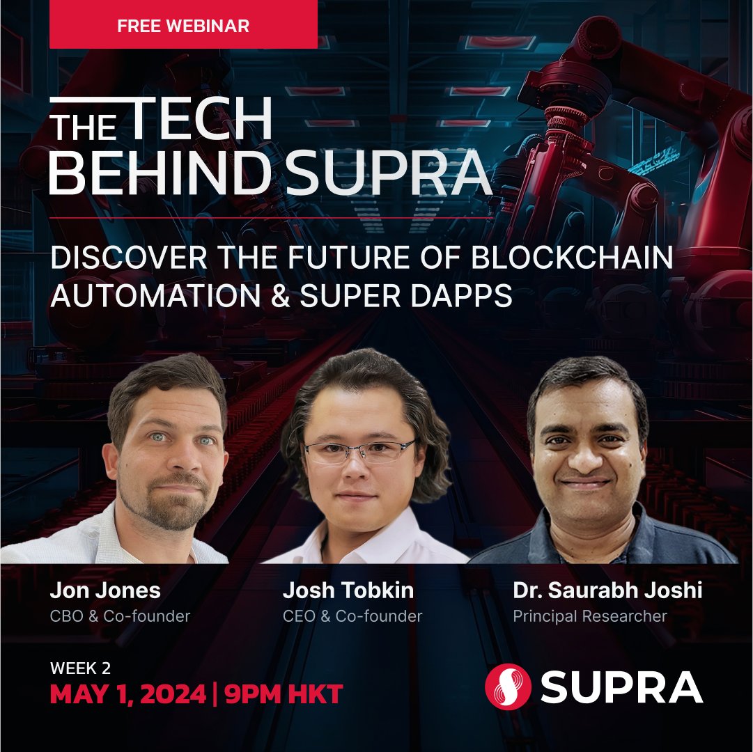 What does a fully vertically integrated L1 unlock for builders and users?🧩

The Super dApps of the future.🚀

Join us this Wednesday for what’s sure to be a Webinar to remember.🎥

Register here:
hub.supra.com/tech-behind-su…

And here’s the full agenda for week two:👇

Automation…