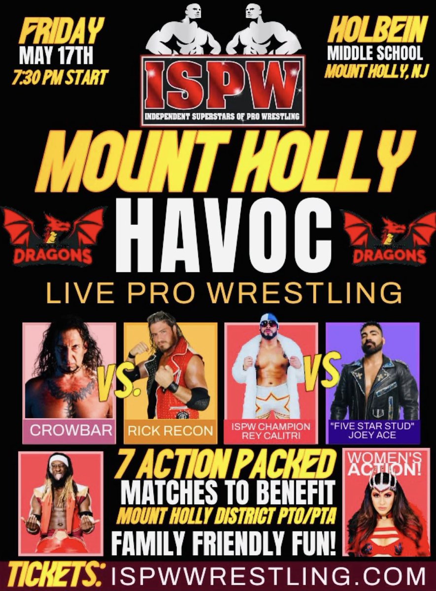 Upcoming Schedule 5/4 80’s Convention - Morristown, NJ 5/10 ISPW - Bay Head, NJ 5/11 LTW - Old Bridge, NJ 5/17 ISPW - Mt Holly, NJ 5/18 FanFest - Williamstown,NJ 5/18 ACW - Williamstown, NJ 5/19 SPO - Burlington, NJ 5/21 ISPW - Garfield, NJ 6/1 CCW - Stirling, NJ