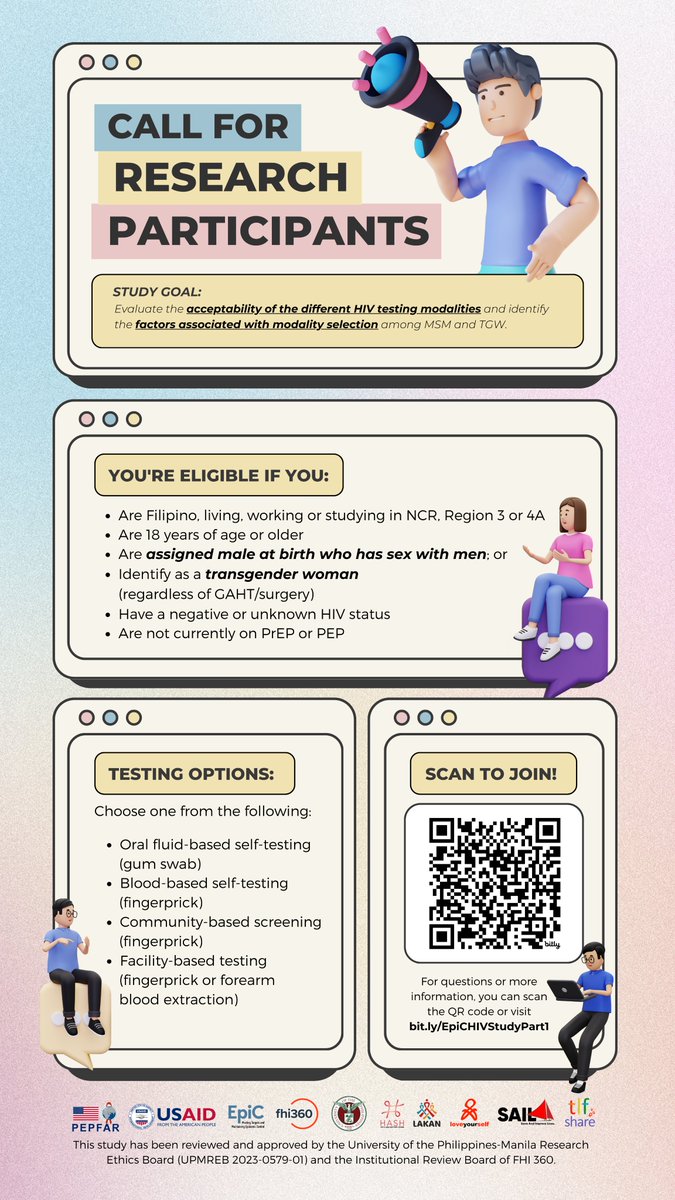 Get a FREE HIV test by participating in a study! Self-tests (oral or blood) can be delivered for FREE via courier or pick-up in a partner facility where you can get standard tests. You can also receive 500 PHP if selected to participate in an interview. bit.ly/EpiCHIVStudyPa…