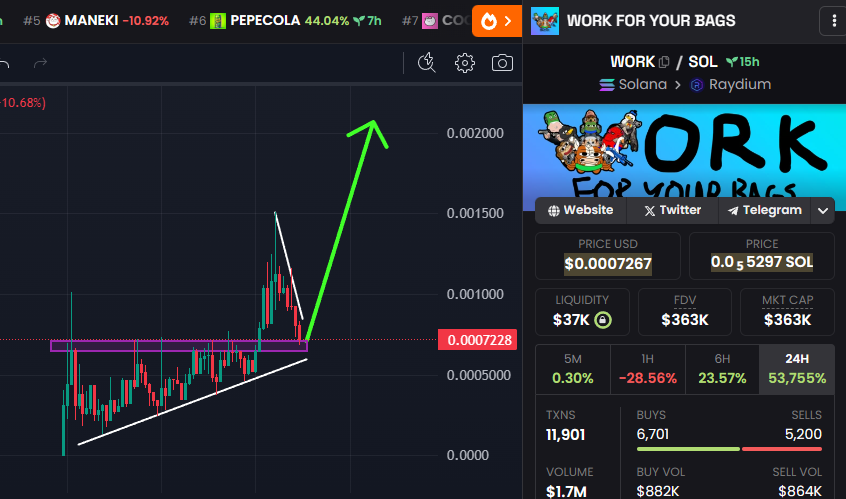 Clean ascending triangle breakout + the retest here.
If this moves to 1m I would say this is where it sends 📈

Multiple listings confirmed for $WORK &amp; Coingecko today. SEND IT 🎯

$myro $quack $nezuko $brett $fketh $mew $come $popcat $gome $nub $maneki $tim $wif $cat $gummy