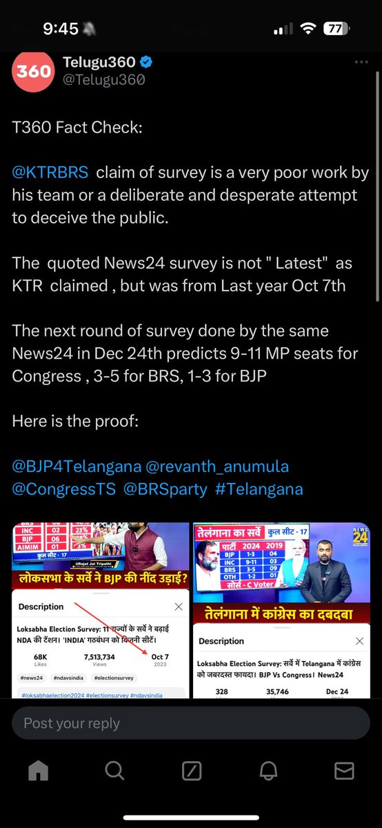 KTR is so jobless that he is sharing more than 6 months old survey to claim BRS is doing well in #Telangana. @KTRBRS Sir, its been 5 months since the ouster of BRS. Have you forgot? Workers morale can't boosted by propaganda,they know the reality well. #LokSabhaElections2024