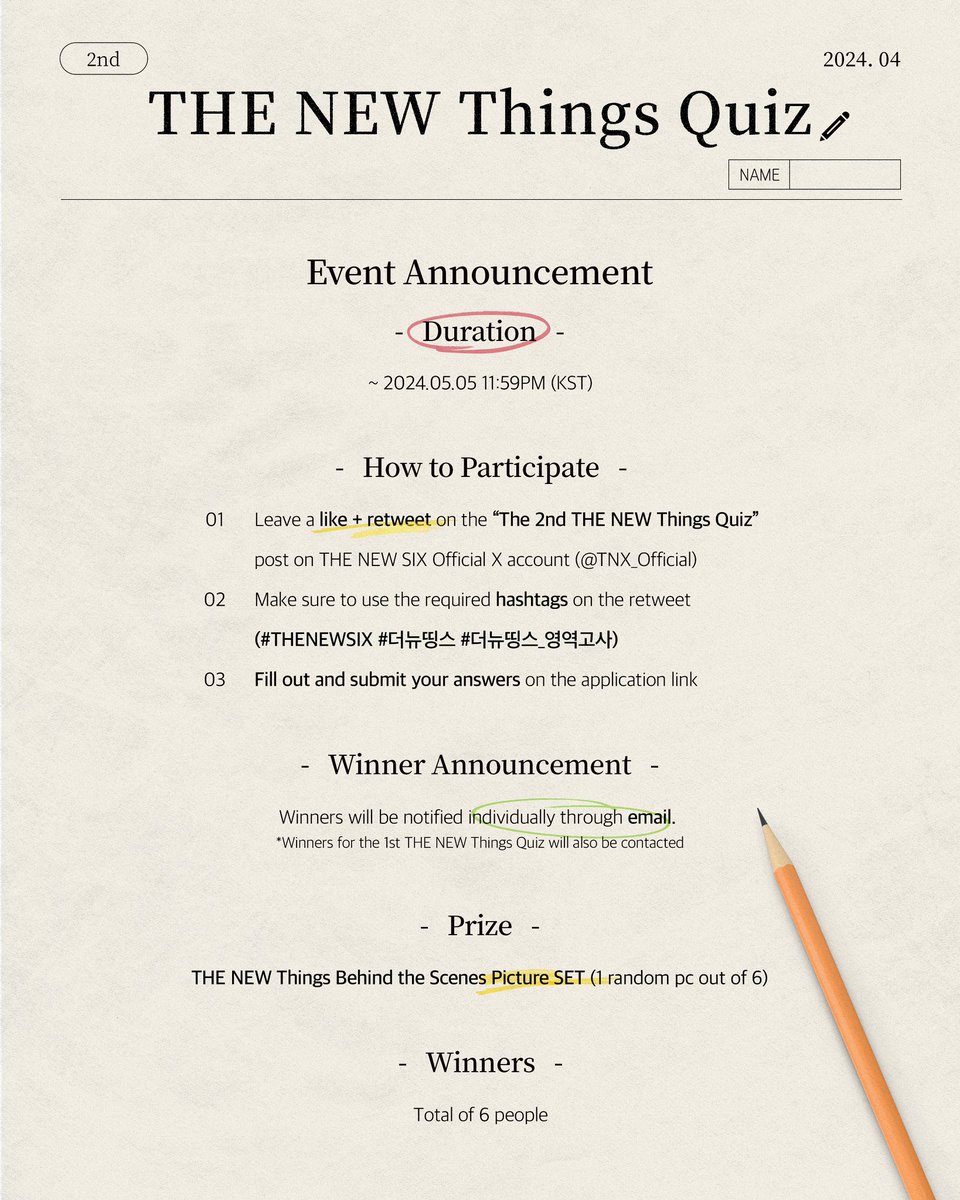The 2nd THE NEW Things Quiz    📆 Duration ~ 2024.05.05 11:59PM (KST)    Application Link 🔗 forms.gle/76Vcx8pzNhDRab…    Please check the image for further details    #THENEWSIX #TNX #더뉴식스 #THENEWThings #더뉴띵스 #PNATION #피네이션