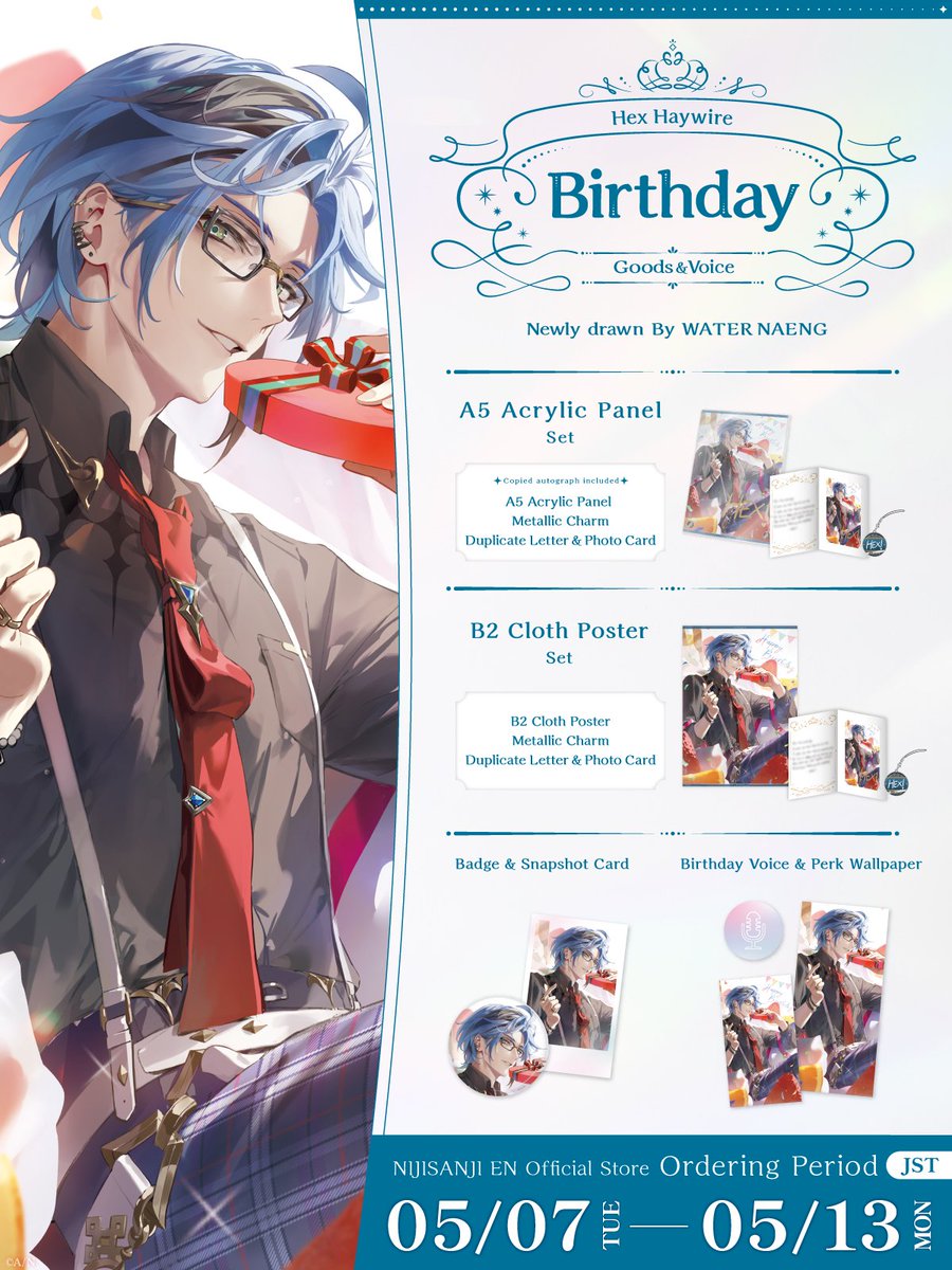 【🎂Hex Haywire Birthday Goods & Voice 2024】 'A5 Acrylic Panel Set', 'B2 Cloth Poster Set', 'Badge & Snapshot Card' & 'Birthday Voice & Perk Wallpaper' for @HexHaywire's birthday! 🖤❗ 🕚Sales start May 6 (Mon) 20:00 PDT 🔻Store nijisanji-store.com/collections/he… #NIJISANJI_EN