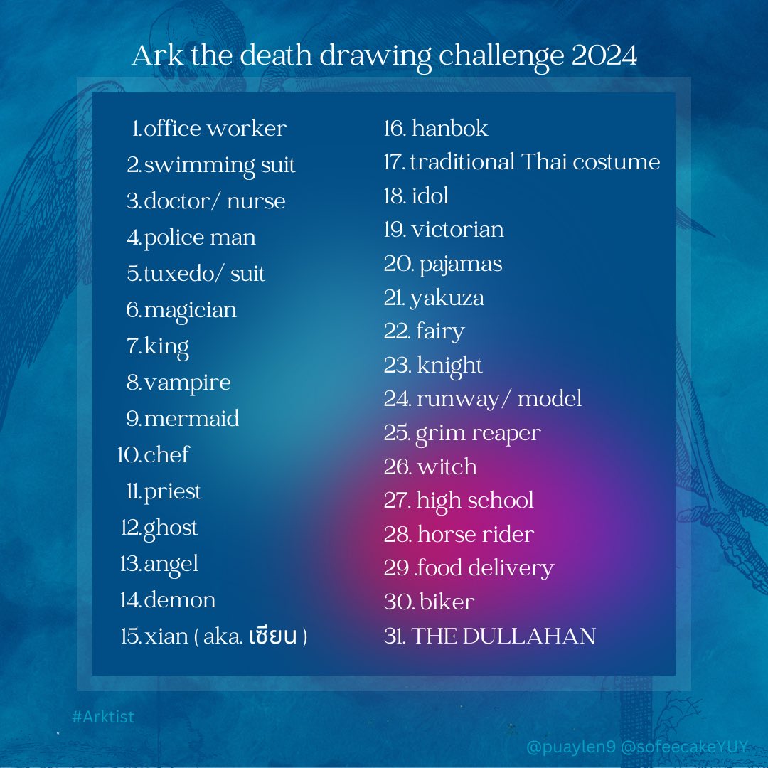 สวัสดีคับมุแง้น เนื่องในโอกาสอยากเล่น เรามี Ark the death drawing challenge 2024 prompt list ให้ทุกคนเล่นกันในเดือนพฤษภาคับผม 😉🩵✨ #dullavroom