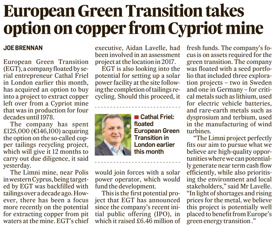 📰 Thanks to @JoeBrennan10 of the @IrishTimes for covering our exciting news yesterday that we have secured an exclusive option agreement on a copper tailings recycling project in Cyprus Read more here: irishtimes.com/business/2024/…