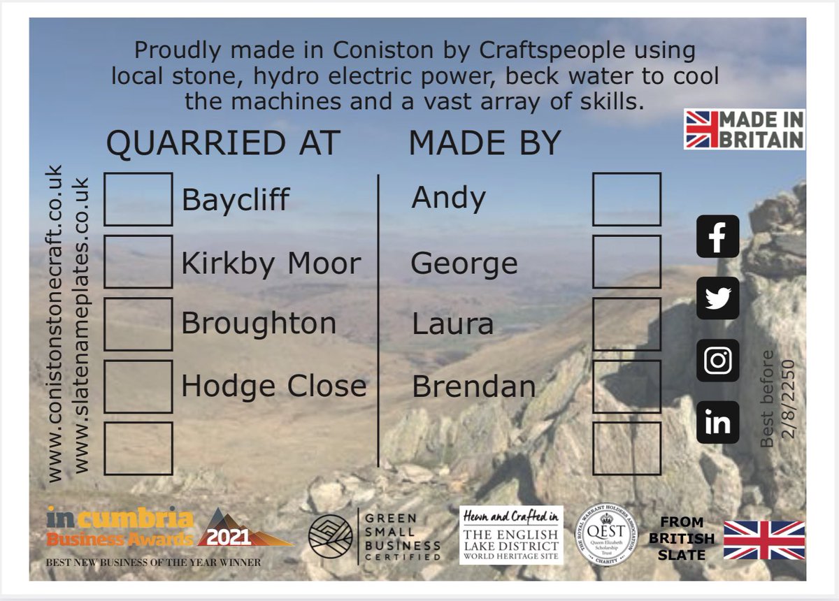 Look out for the “sticker of authenticity” only then will you know that your slate is quarried and crafted in Cumbria. If slate isn’t proud to say where it came from and who crafted it, ask why, and ask why they don’t stock Coniston Stonecraft Please ASK