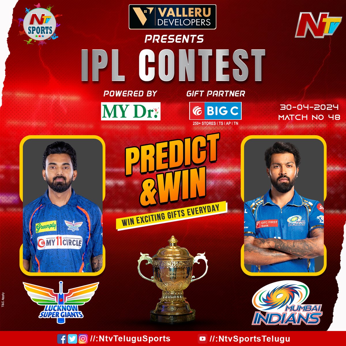 Match No - 48 : #LSGvMI Steps to participate in this contest: Predict the winning #IPL team in the comment section before the match starts. Follow & Retweet the post of #NTVSports. Winner will be picked & given surprise gifts. #IPL2024 #LSG #MI @BigCMobilesIND #NTVTelugu