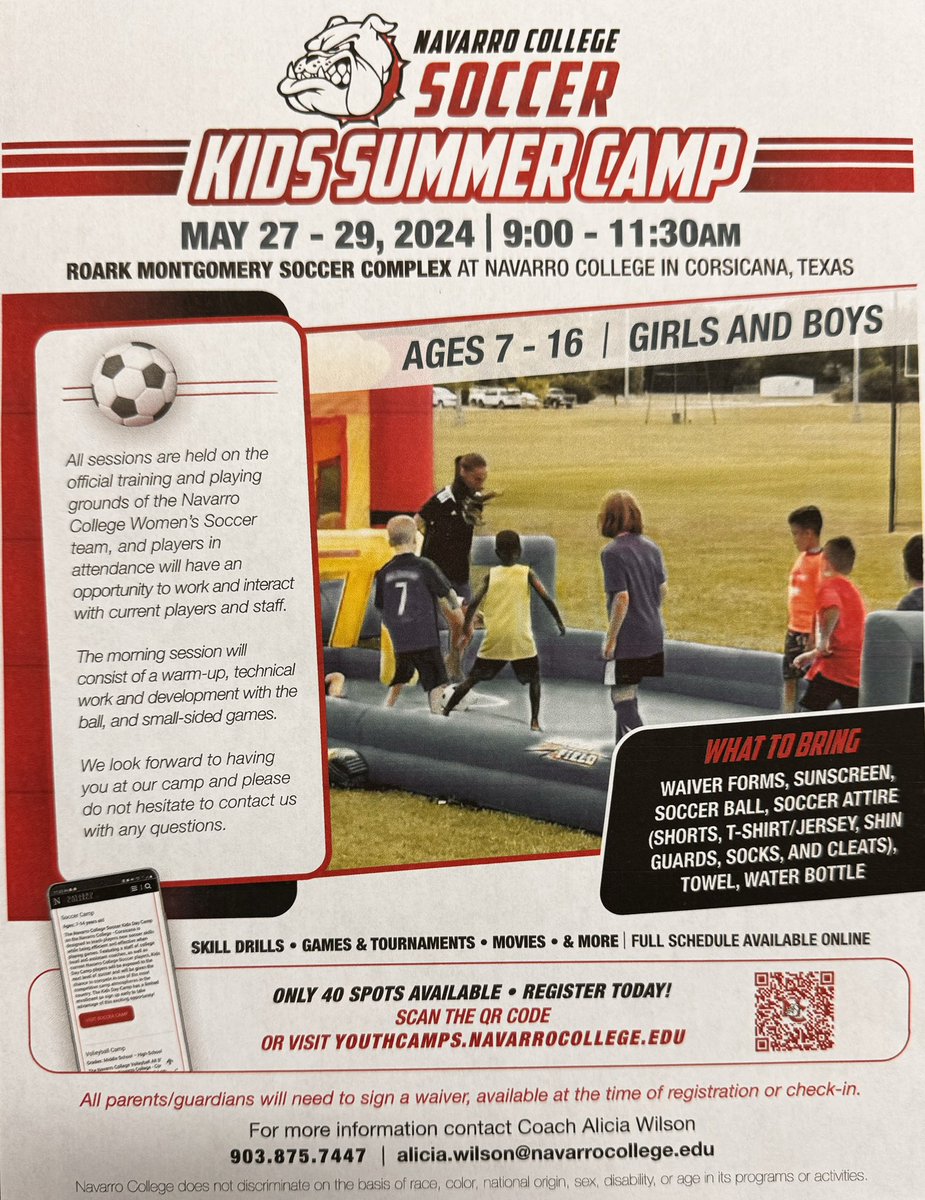 ✍🏾Exciting News! Join us for a fun-filled Kids Summer Camp at Roark Montgomery soccer complex! From May 27th to 29th, 9-11:30am @navarrocollege Registration Link: commerce.cashnet.com/navarroem?item…