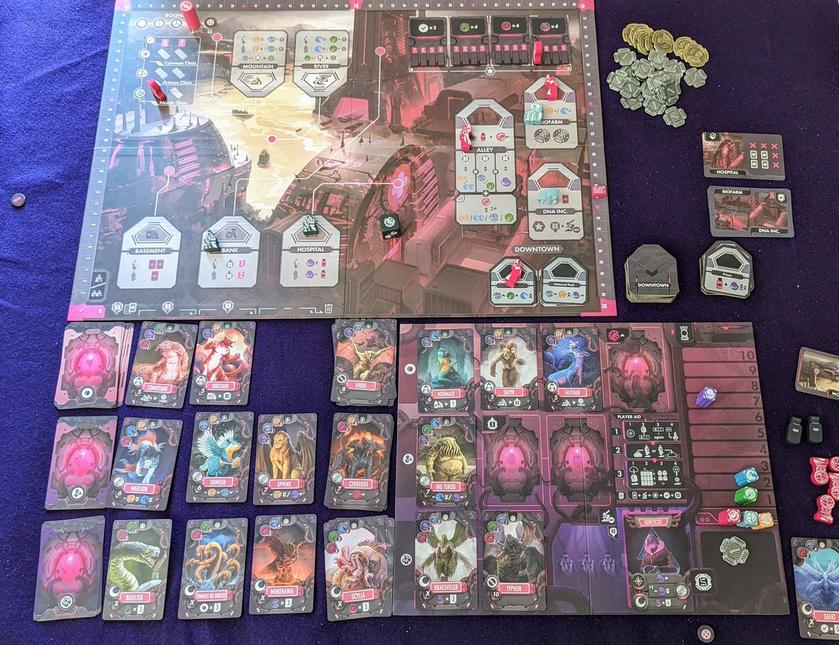 Had a nice day of gaming today, starting out with my first play of @uchibacoya Biohack solo. Very interesting worker placement, set collection, resource management game, and I enjoy the goal based solo mode and how they turned the multiplayer bits solo, but wow is it hard...