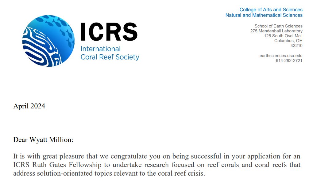 I feel so honored to have been awarded the @ICRSCoralReefs Ruth Gates Fellowship. It means so much to me and I can't wait to explore solutions for coral under ocean deoxygenation here in the @FutureReefslab 🪸