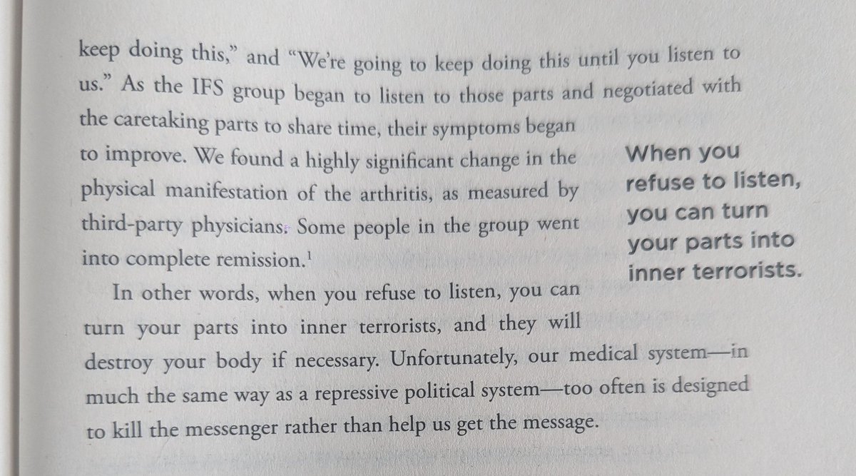 My partner's mother got diagnosed with RA and recently it's gotten pretty bad. I came across this part towards the end of No Bad Parts. Does anyone have recommendations for an IFS coach that has worked with autoimmune diseases/physical pain? Would love to pass over any recs!