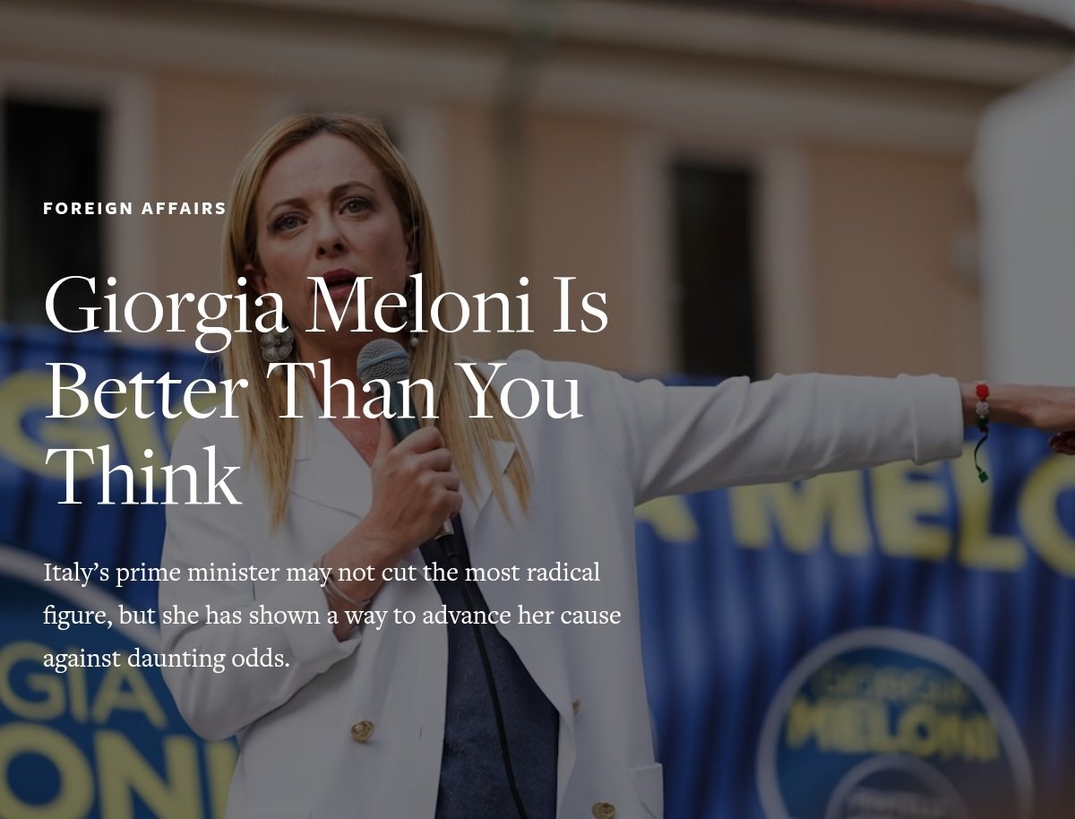 Excellent article by @RyanGirdusky for @amconmag
on Italy's Giorgia Meloni:

'Meloni’s statecraft, far less bombastic than that of other right-wing nationalists, is helping to set the agenda in Europe, rather than just screaming into the wind.'

theamericanconservative.com/giorgia-meloni…