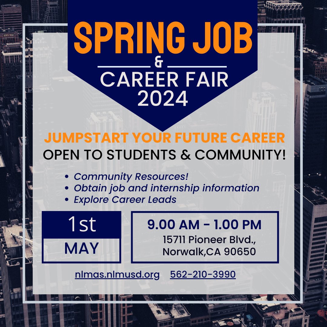 Stop by the <a href="/NLMAdultSchool/">NLM Adult School</a> Job &amp; Career Fair on 5/1/24! There will be over 20 vendors including Disneyland. Bring your resume and find a job or learn more about our short-term career training opportunities.

#AdultEducation
#AdultEducationMatters
#CTE
#CareerTraining
#NLMUSD