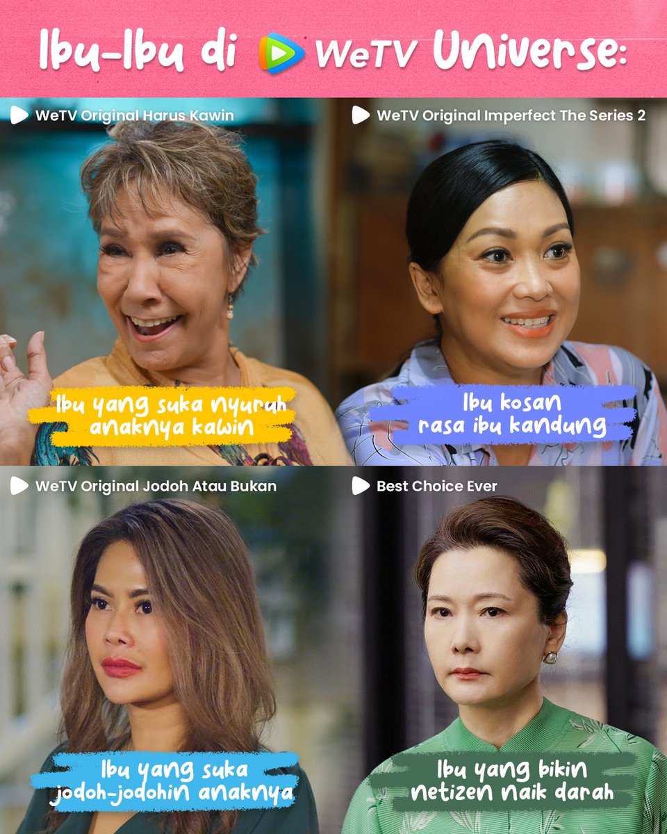 Tipe-tipe ibu-ibu yang ada di series WeTV, mana nih yang paling kalian suka dan sebelin?😂

📌: bit.ly/HarusKawinDiWe…
📌: bit.ly/ImperfectTheSe…
📌: bit.ly/JodohAtauBukan…
📌: bit.ly/BestChoiceEver…

#NontondiWeTV #WeTVIndonesia #WeTVID