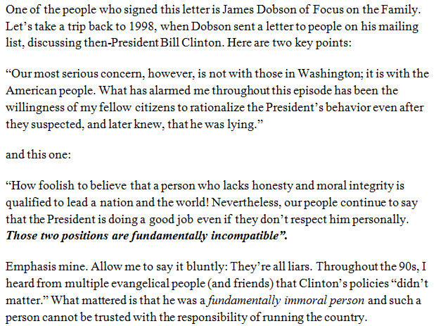 That evangelicals make up the core of Trump's base in light of the fact that evangelicals (rightly) called out Bill Clinton's moral failures is scandalous. Evangelicals' hypocrisy in supporting Trump is blatant and inexcusable. (excerpt: Jay Caruso, Monday Notice, 12-13-19.)