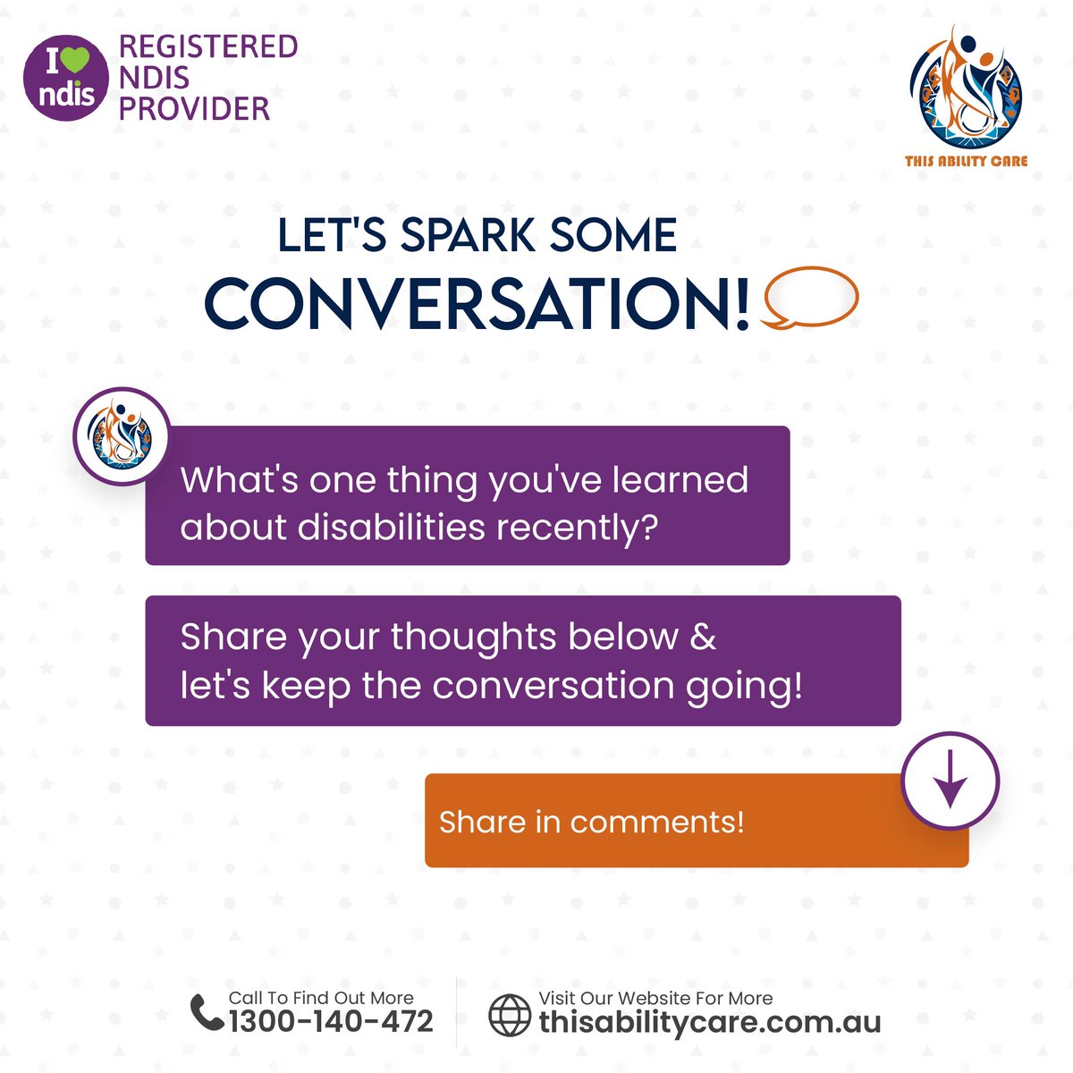 Join the discussion! 💬  We want to hear from you: What's your perspective on disabilities? Share your thoughts below and let's learn from each other.  
.
.
.
#DisabilityAwareness #DisabilityCampaign #BreakingDownBarriers #ndis #ndisprovider #disability #disabilityawareness