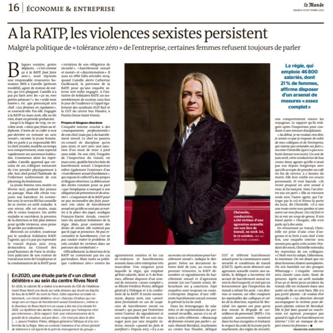 @leparisien_fdiv 🔥💪🏼 Bravo pour votre Article @luciedeperthuis @le_Parisien  stop aux agressions sexuelles à la @RATPgroup  on n'oublie pas qui ya beaucoup d’affaires de sexisme à la Ratp on dit stop #balancetonporc